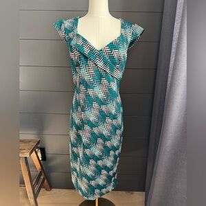 White House Black Market Teal and White Chevron Midi Dress Short Sleeve Size 8